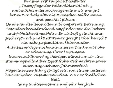 Dankesbrief von Tagesgästen an die Tagespflege Reichenbach